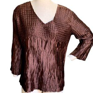 Toffee & Apple Mixed-Pattern Crinkle V-Neck Blouse XL Metallic Brown #34A
